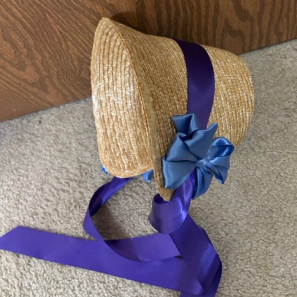 Regency Bridgerton Austen straw bonnet - blue bows, customizable ribbon